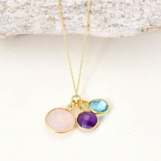 Rose chalcedony, Blue topaz and amethyst pendant necklace